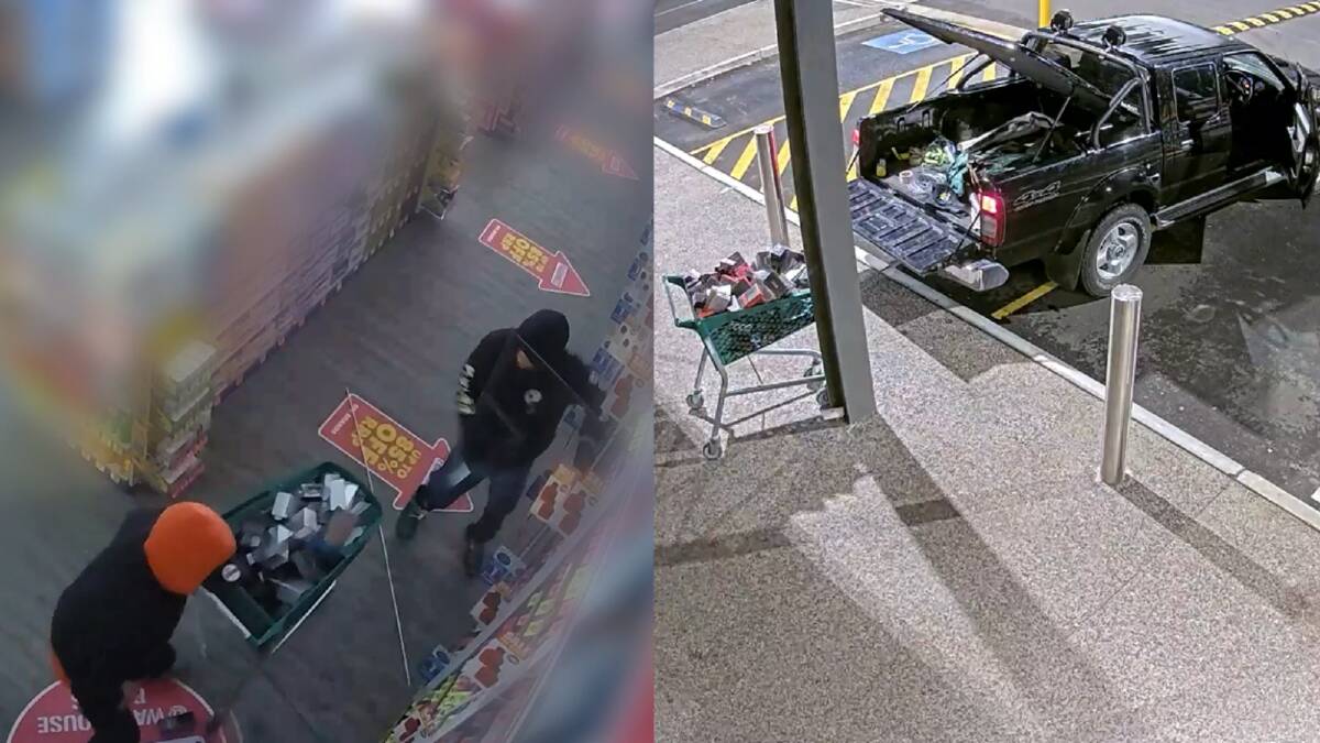 CCTV footage shows two men loading trolleys full of perfume into a ute parked outside. Pictures supplied