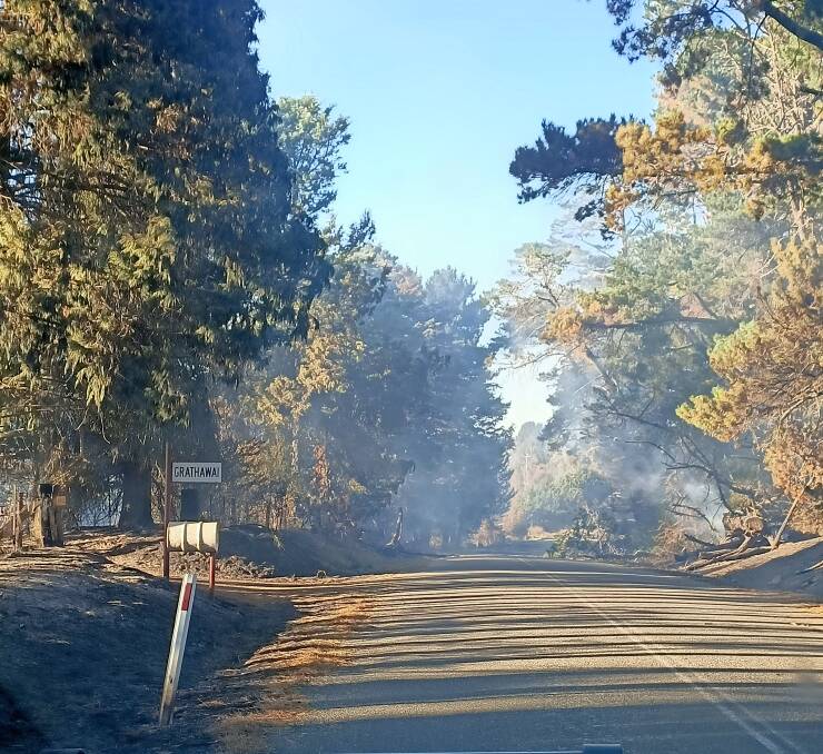 The Curraweela fire burnt near the Grathawai homestead on the Taralga to Oberon Road. It jumped Taralga Road on Thursday. Picture by Andrew Blake-Dyke.